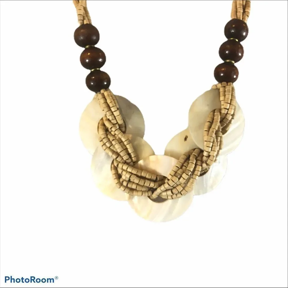 Natural Wooden and Shell Bead‎ Necklace 25” Long
